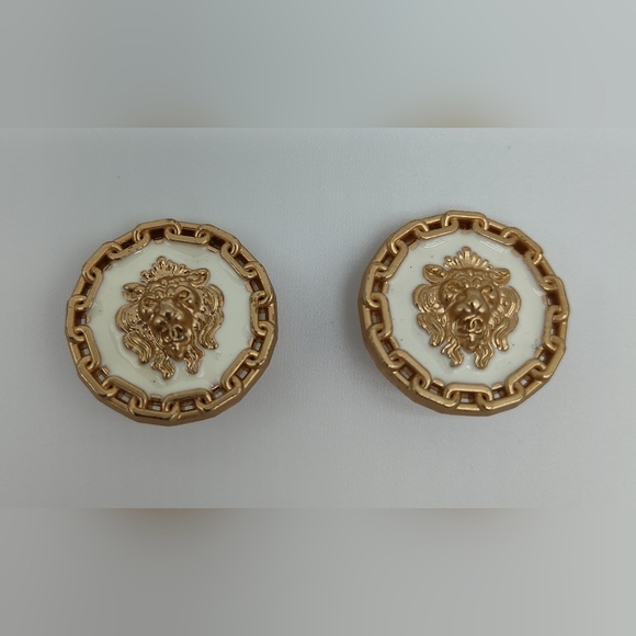 CHANEL Jewelry - CHANEL Vintage Lion Head Chain Medallion Buttons Gold Ivory Pair Lagerfeld Era